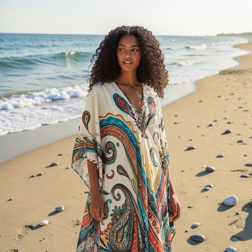 Colorful Paisley kaftan  Dress - Teal, Red & Cream one size